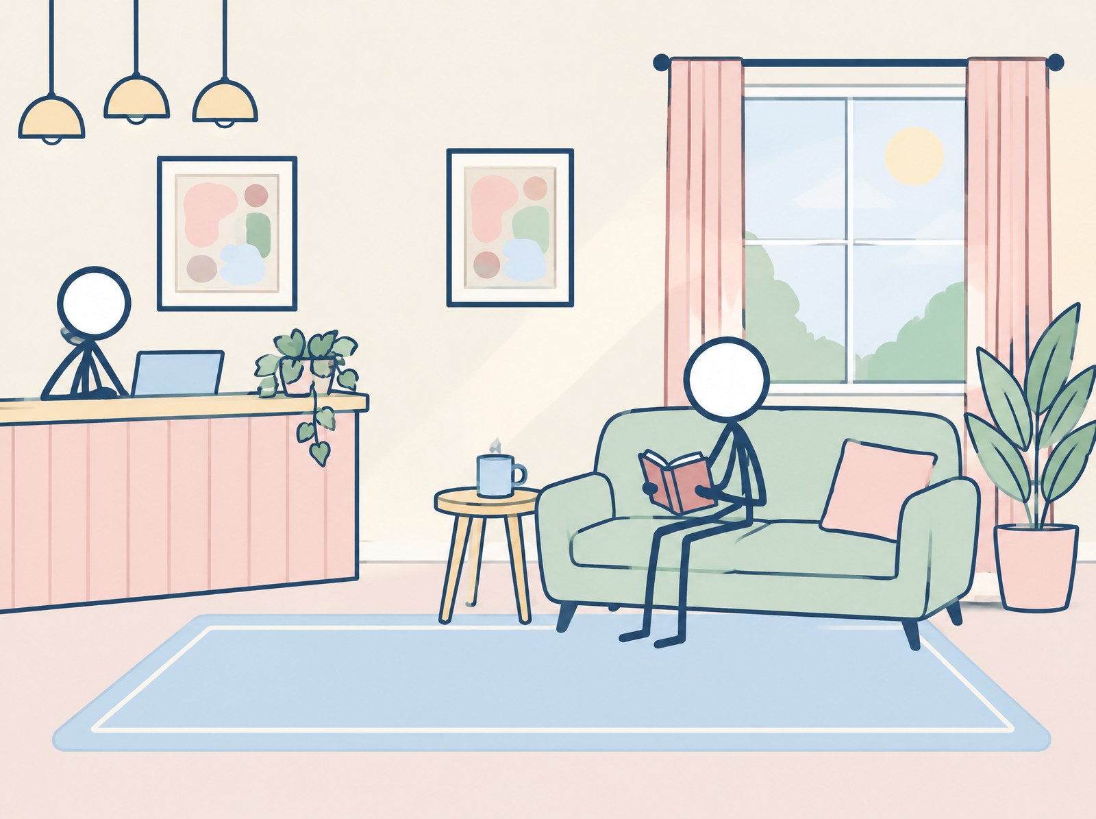 A simple drawing of a calm waiting room with a person reading on a sofa