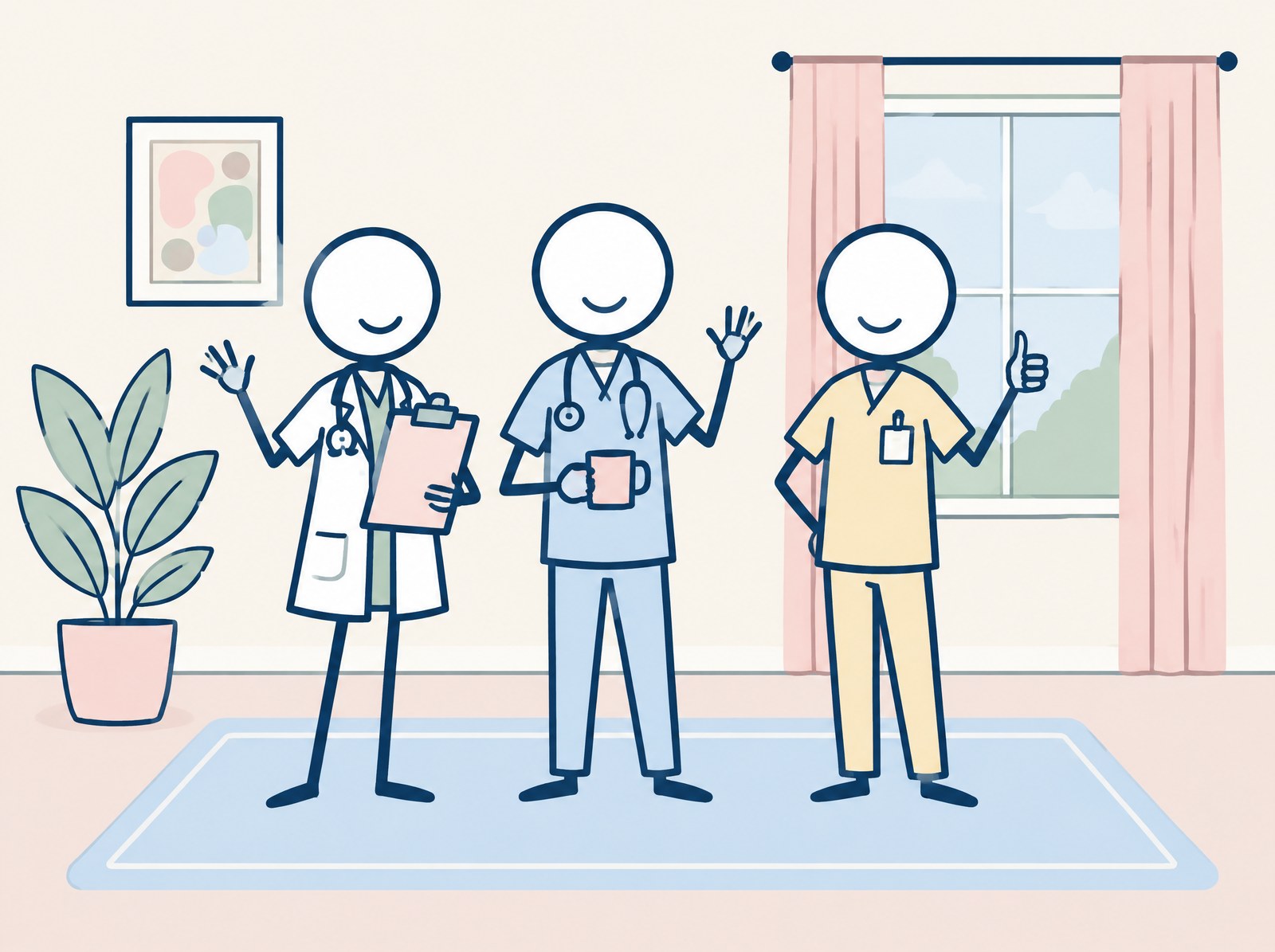 Three friendly drawn clinicians standing together in a bright office